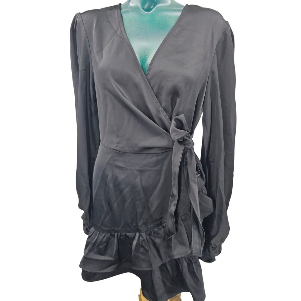 Princess Polly Cottage Hill Black Satin Wrap Mini Dress Long Sleeve 6 S 4195